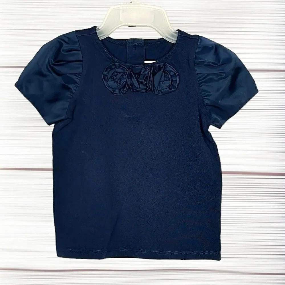 Janie & Jack Girls Top Shirt Size 3 Navy Blue Satin Sheen Rosettes And Sleeves